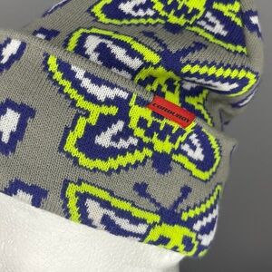 Corduroy Beanie - Gray, Purple & Neon Green Butterfly Design
